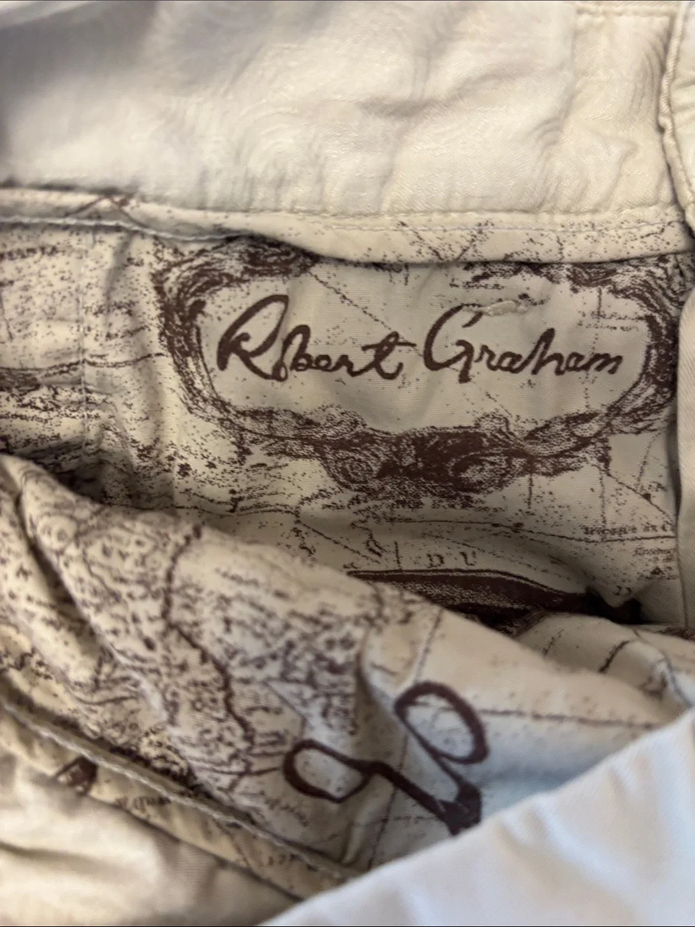 Robert Graham white Trim Classic Tan Chino Shorts 34 khaki preppy leather label